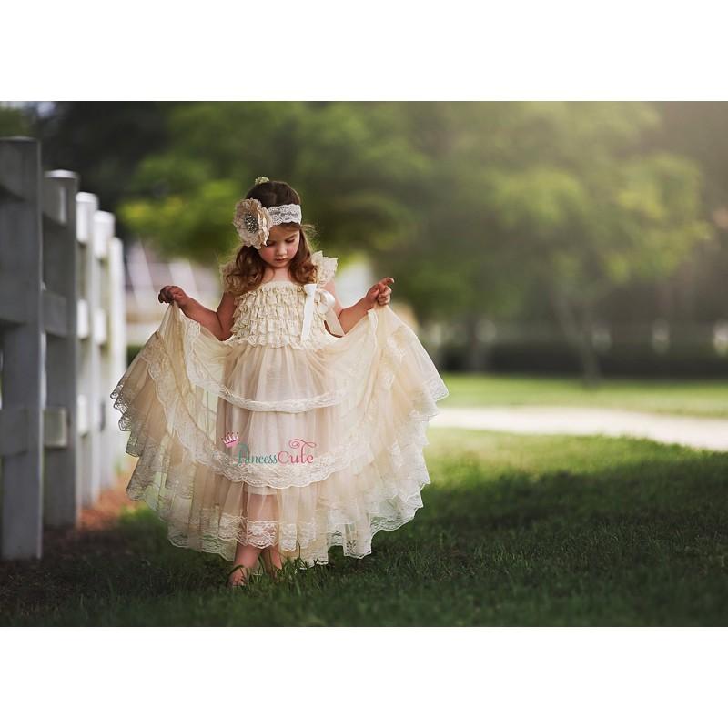 Mariage - Rustic Flower Girl Dress, Champagne Chiffon Lace Flower Girl Dress Set, READY TO SHIP, Country Wedding Flower Girl Dress - Hand-made Beautiful Dresses