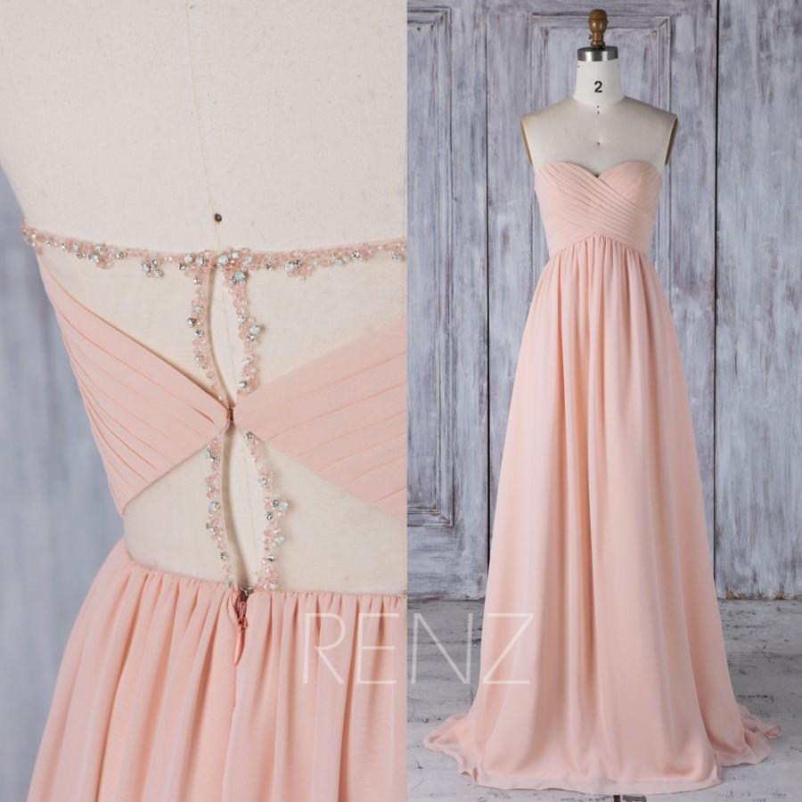 Mariage - 2017 Peach Chiffon Bridesmaid Dress with Beading, Ruched Sweetheart Wedding Dress Empire, A Line Prom Dress Long Floor Length (H462)