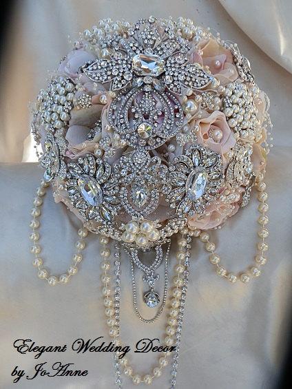 Wedding - BLING BROOCH BOUQUET, Custom Glam Pink and ivory bridal Brooch Bouquet, Cascading Pearl Bouquet, Pink Jeweled Wedding Bouquet, Deposit Only