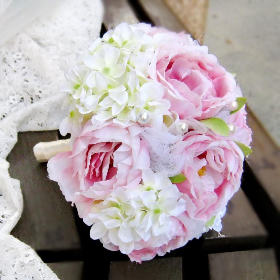 Hochzeit - Pink Cream Champagn Peonies Bridal Bridesmaid Bouquet Flowers Bridesmaid bouquet Chic peony Wedding, toss flower girl set (B008)
