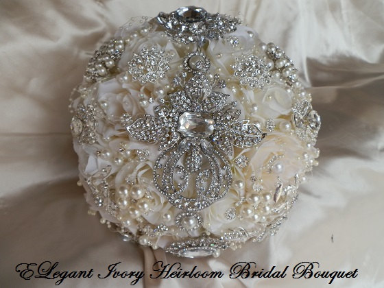 Hochzeit - Ivory Keepsake Brooch Bouquet, DEPOSIT, Custom Ivory and Silver Brooch Bouquet, Silk Flower Jeweled Bouquet, Large Brooch Bouquet