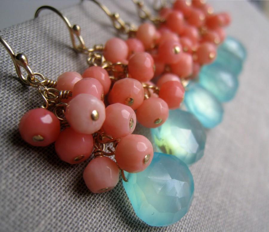 Wedding - Aqua coral earrings, Bridesmaid gift, pink and blue gemstone earrings, spring color theme wedding, bridesmaid jewelry, bridal