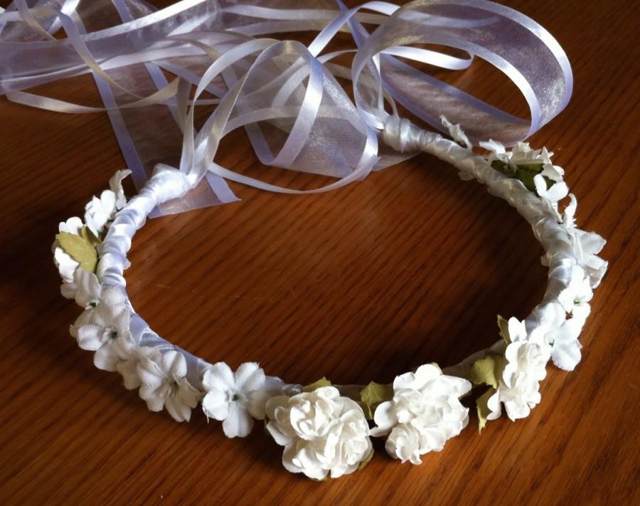 Свадьба - Communion Crown Flower Girl Crown - Head Wreath Head Piece Bridal Floral Ribbon Crown Halo Wreath Garland antique white ivory C-Denise