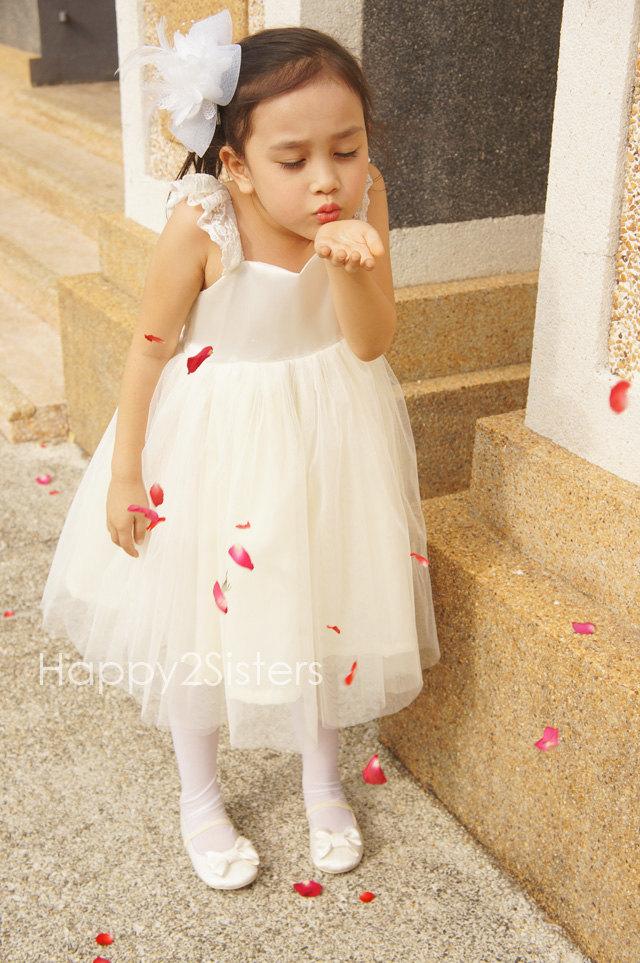 Wedding - Ivory flower gril dresses, Rustic Flower Girl Dress, Baptism Dress, Girl birthday outfit, Toddlers Flower Girl Dress, Flower Girl Dress.