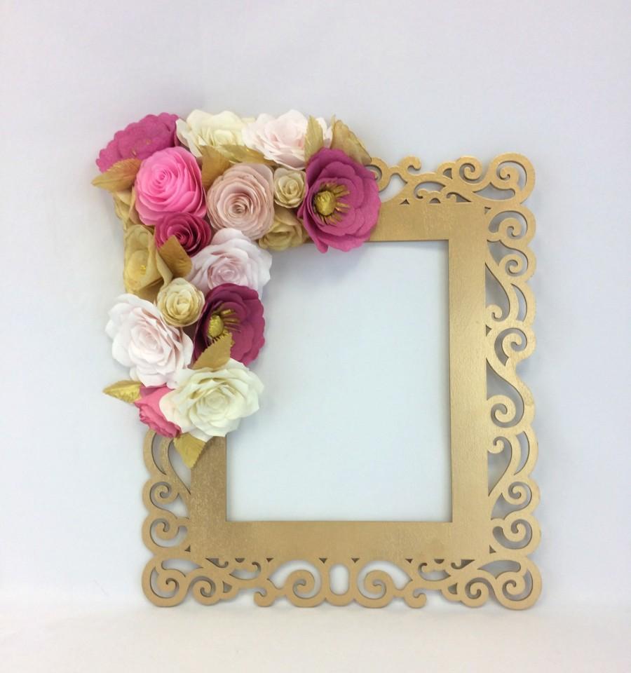 Mariage - Floral frame, Photo prop, 3D Flower wall art, Paper flower wall decor, Gold & coral flower frame, Wedding photo prop, Party photo frame - $58.00 USD