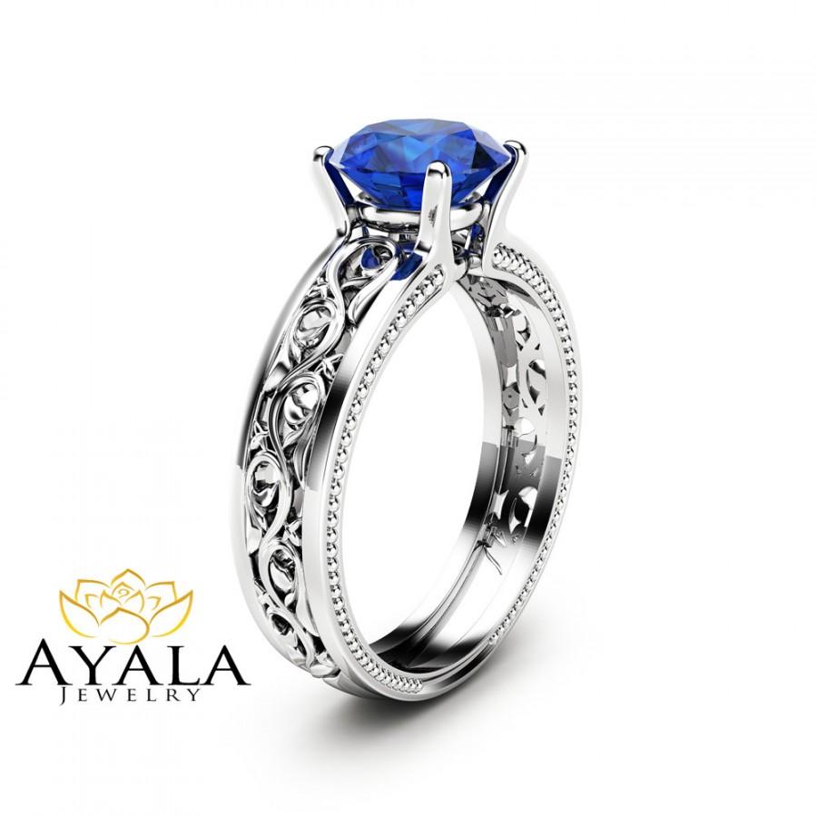 Wedding - 1.5ct Blue Sapphire Engagement Ring Unique Filigree Engagement Ring 14K White Gold Natural Sapphire Ring