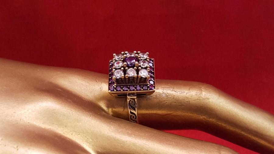 زفاف - Sterling Silver 9.25 Stamped.Genuine AmethystGemstone ring.Handmade.Gold over silver.man made diamond.Bridal Gifts.Wedding Jewelry.R-351