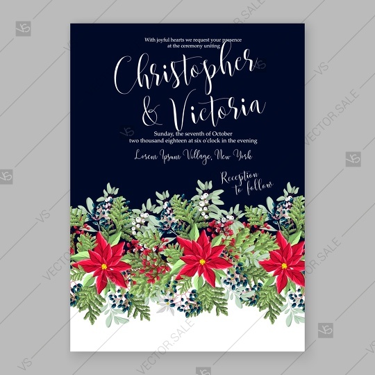 Wedding - Poinsettia wedding invitation red floral wreath vector card template