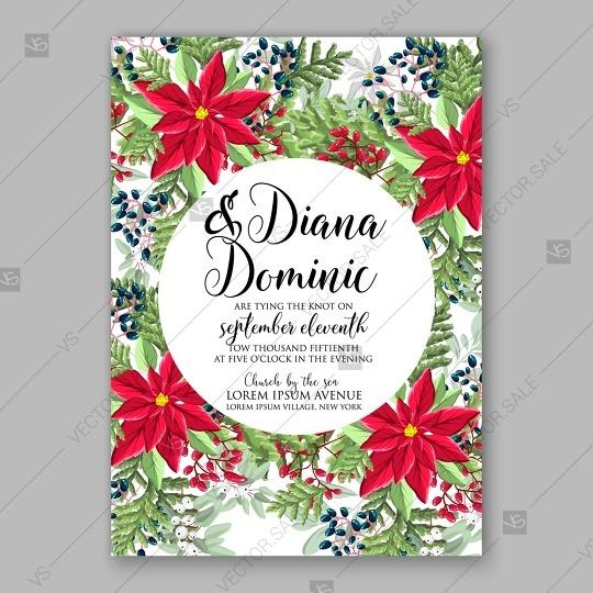 Wedding - Poinsettia wedding invitation red floral wreath vector card template
