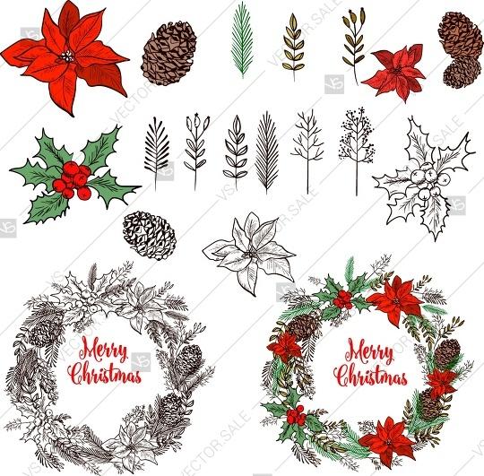 زفاف - Merry Christmas Party invitation poinsettia wreath poster vector template