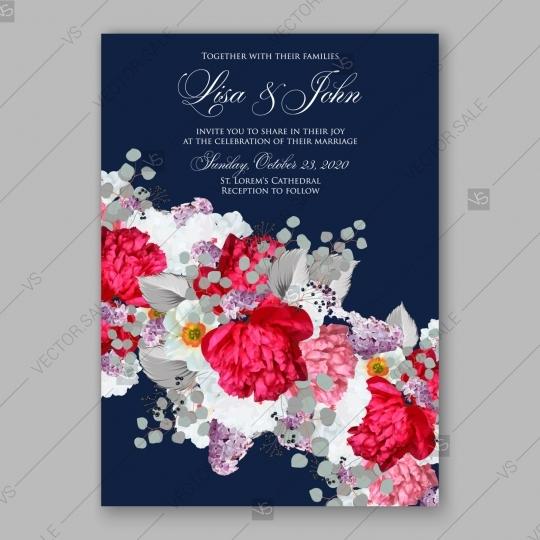 Mariage - Peony wedding invitation. Red spring flowers Lilac, narcissus, eucalyptus