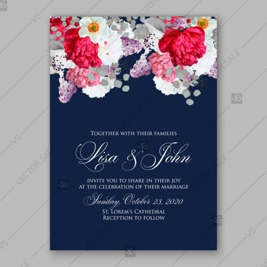 Wedding - Peony wedding invitation. Red spring flowers Lilac, narcissus, eucalyptus