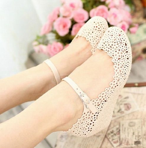 Wedding - Lady Summer Soft Jelly Rubber Floral Mary Jane Round Toe Wedge Heel Sandal Shoes