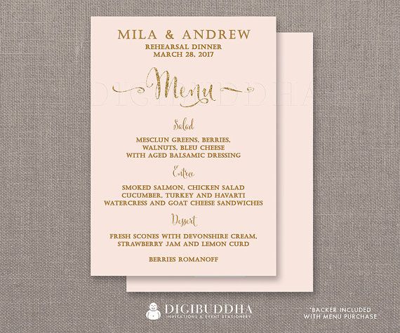Hochzeit - REHEARSAL DINNER MENU Blush Pink Gold Glitter Bridal Shower Bohemian Wedding Elegant Formal Hen Party Whimsical Modern DiY Or Printed- Mila