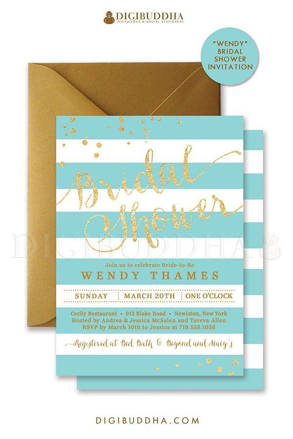 Wedding - AQUA & GOLD BRIDAL Shower Invitation Stripes Printable Invite Turquoise Gold Glitter Modern Wedding Free Priority Shipping Or DiY- Wendy