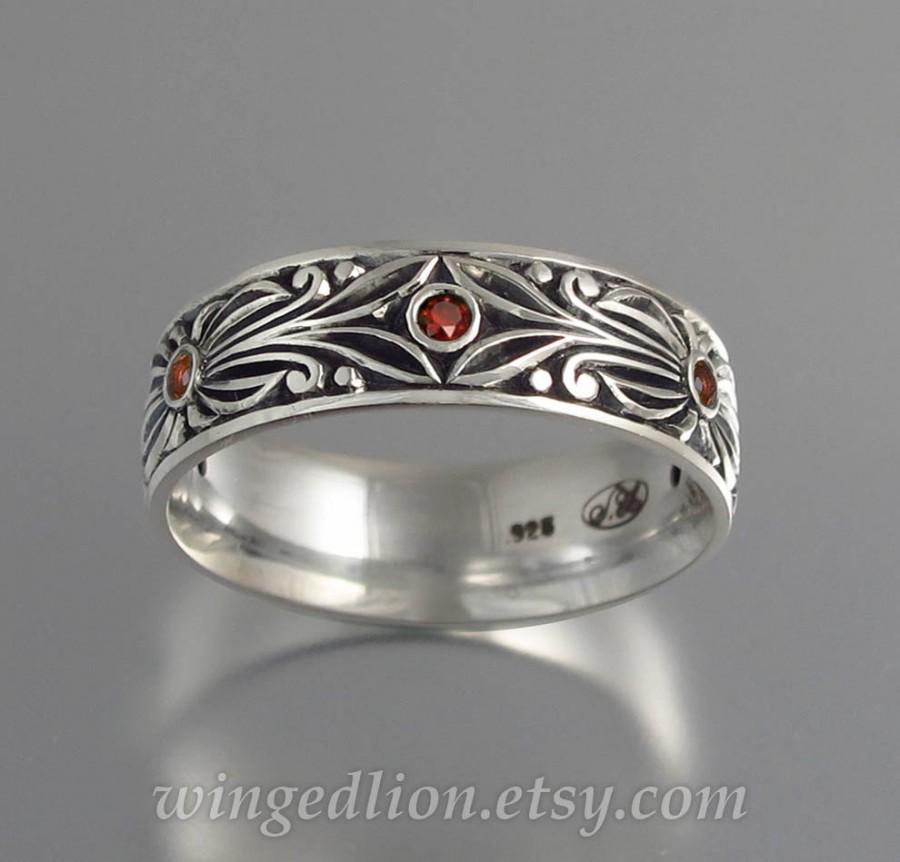 زفاف - RED COUNT silver with garnet accents mens wedding band unisex ring