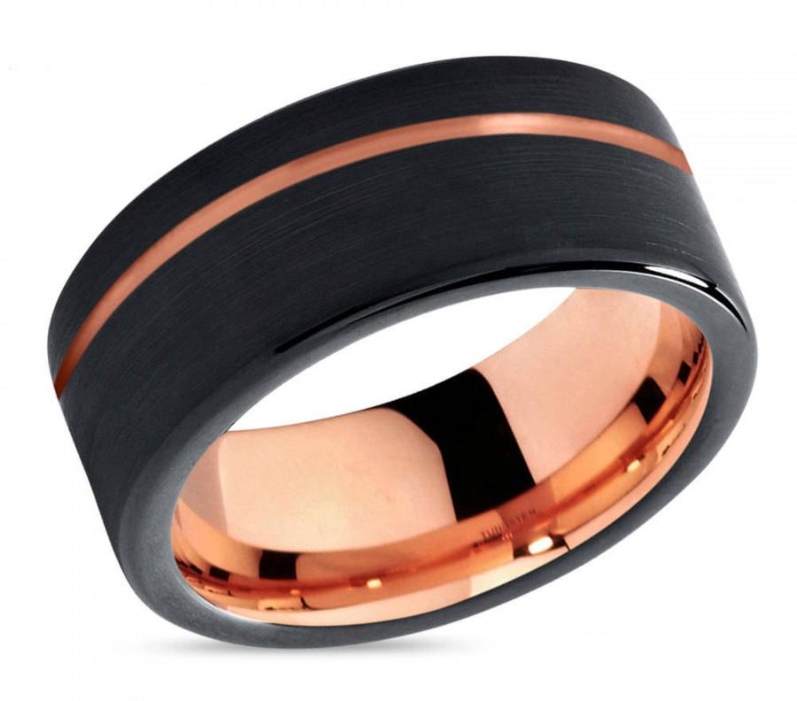 Mariage - Black Tungsten Ring Rose Gold Wedding Band Ring Tungsten Carbide 9mm 18K Tungsten Ring Man Wedding Band Male Women Anniversary Matching