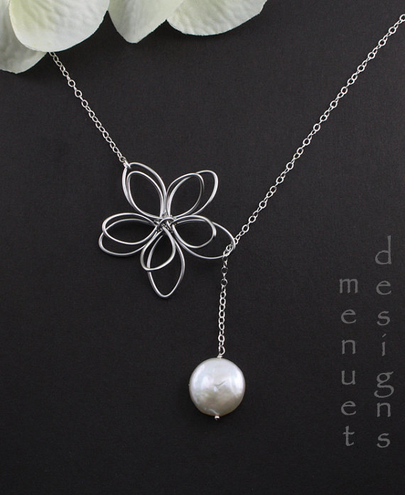 Wedding - Flower Lariat Necklace, Pearl Wedding Jewelry, Garden Moon Necklace,   Y Necklace, Gift for Wife, Bridesmaid Jewelry, Spring Gift Ideas