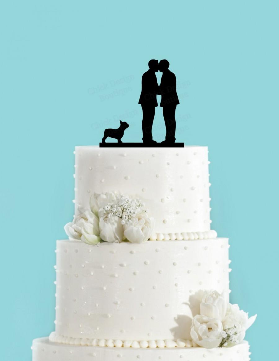 Wedding - Groom and Groom Couple Kissing with French Bulldog Gay Wedding Cake Topper, Same Sex Marriage Cake Topper