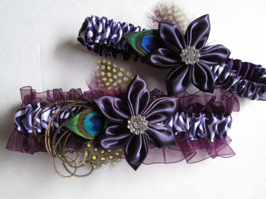 زفاف - Peacock Wedding Garters, Purple Bridal Garters, Plum Purple Zebra Garters, Eggplant Garters, Purple Steampunk Garters