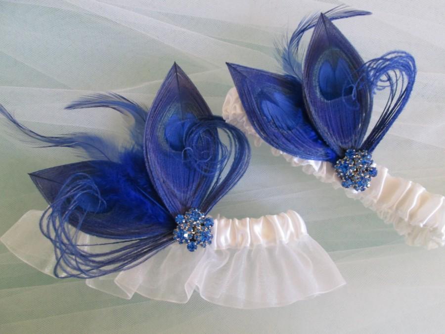 زفاف - Blue BUTTERFLY Wedding Garter Set, Royal Blue Garters, Peacock Garters, White Bridal Garter, Something Blue Garter