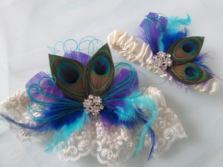 Mariage - Peacock Wedding Garter Set, Royal Blue Garters, Teal Blue Garter, Turquoise Garter, Purple Garters, Ivory Lace Bridal Garter, Something Blue