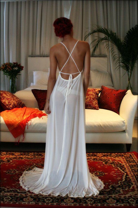 زفاف - Bridal Nightgown Backless Bridal Lingerie Sleepwear Wedding Lingerie Stretch French Netting Ivory Blush Mesh French Lace Honeymoon Lingerie
