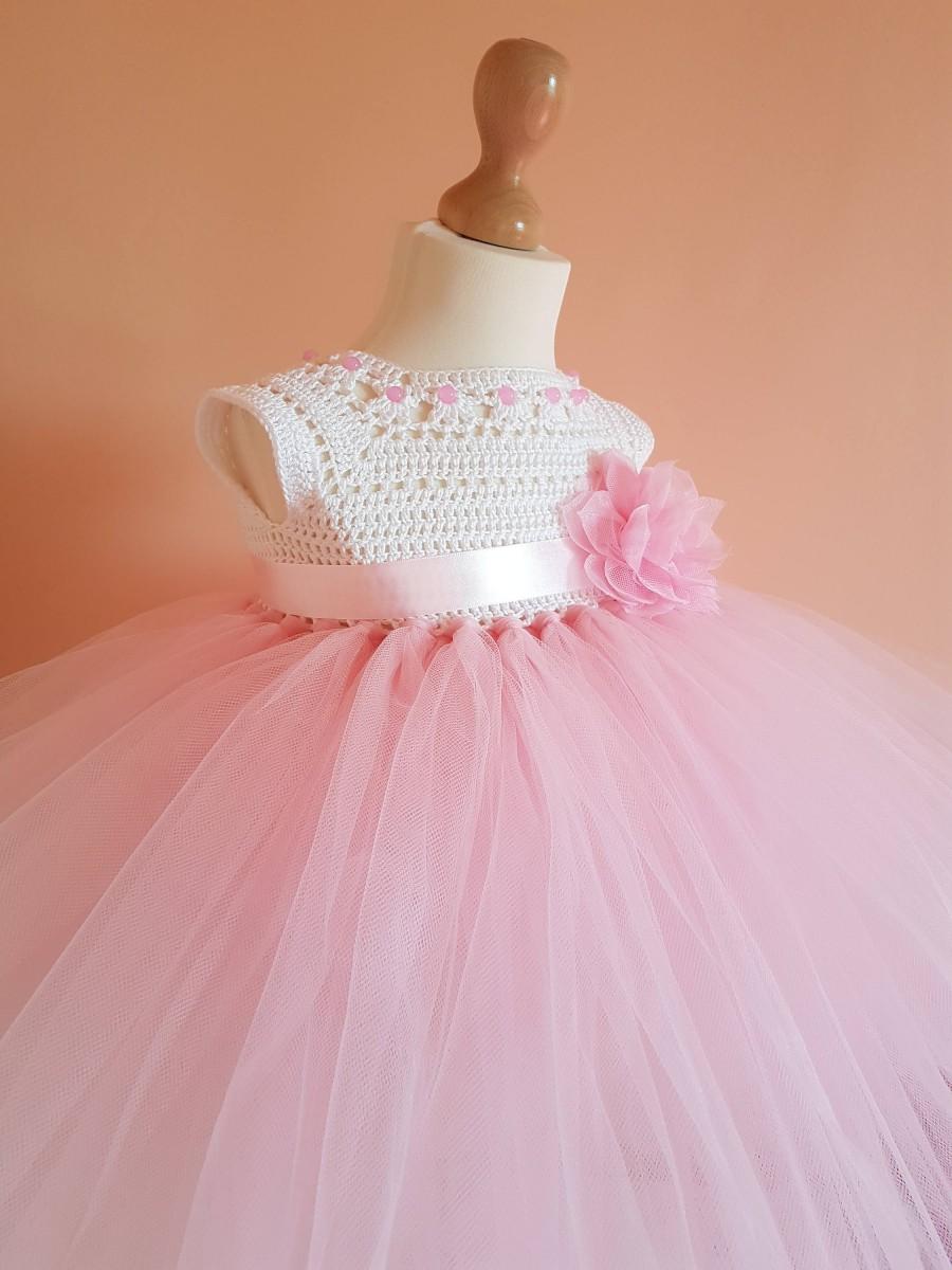 Wedding - pink tutu dress, crochet dress,toddler dress,princes dress, birthday dress, pink dress,crochet yoke, bridesmaid dress, baptism dress