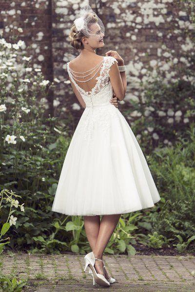 Wedding - 2017 V Neck Lace Bodice Tea Length A-line Lace Bodice Short Tulle Wedding Dress With Sequinned Back
