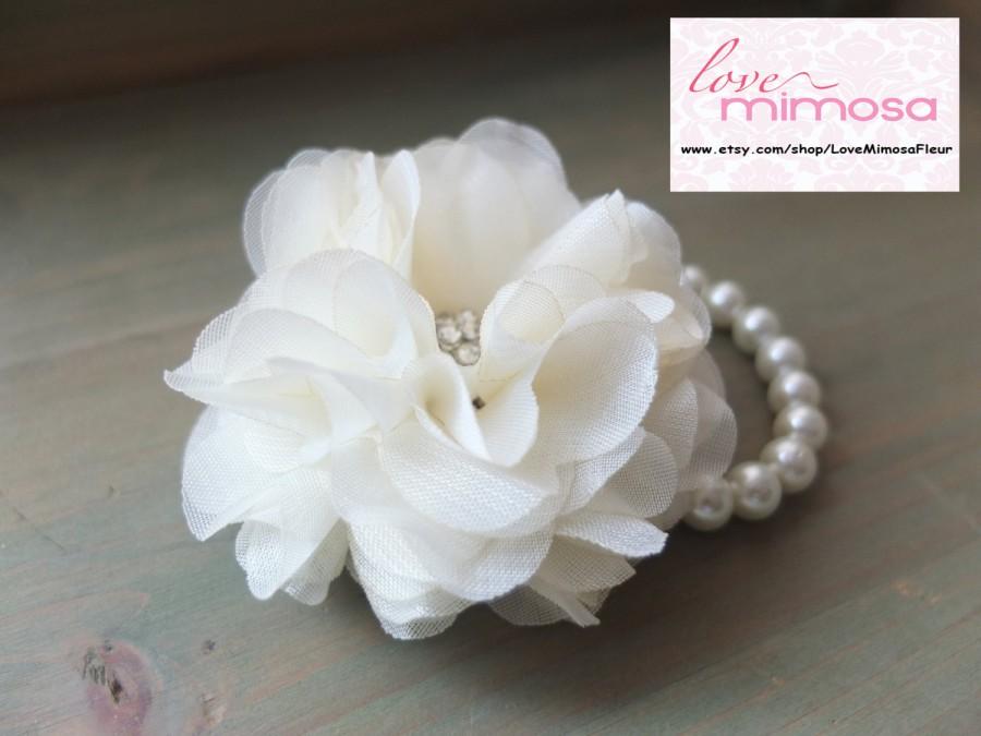 زفاف - Wrist Corsage, Chiffon Flower Corsage (Off White), Off White bridal Corsage, White Chiffon Rose corsage