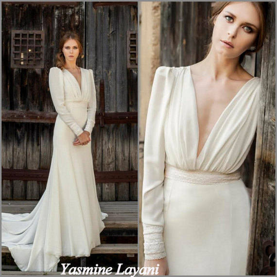 Mariage - Long Sleeve Wedding Dress, Chiffon Wedding Dress Sleeves, Boho Wedding Dress, Classic Wedding dress, Elegant Wedding dress, dress wedding