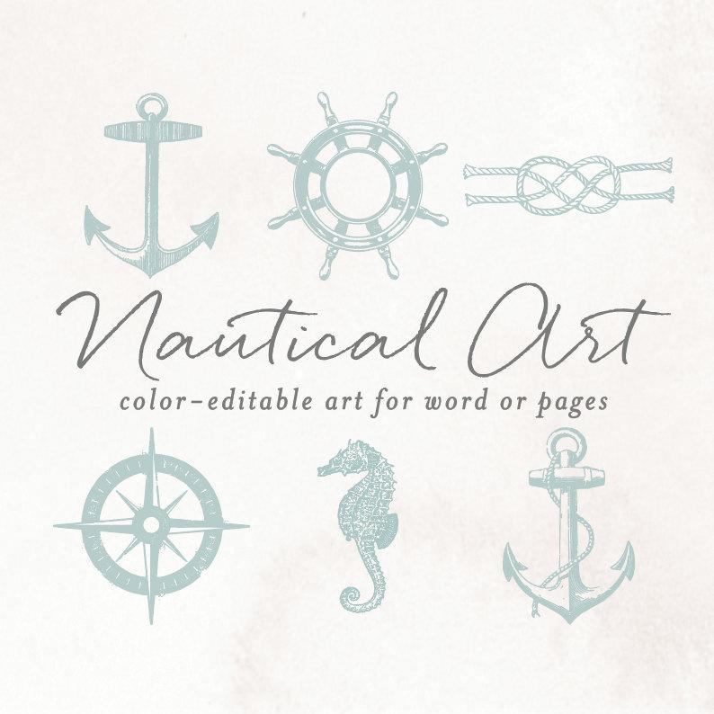 Mariage - Vintage Nautical Anchor Clip Art For Word or Pages, Wedding Knot, Seahorse, Ship Wheel, Compass Rose 
