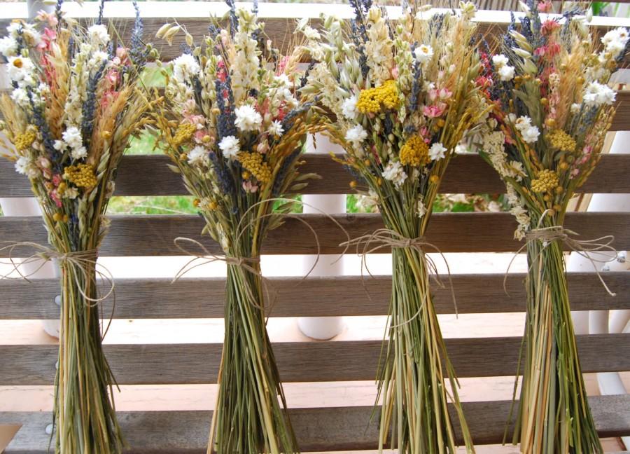Mariage - Warm Summer Wildflower Pink and Yellow Wedding  Bridesmaids Bouquets of  Lavender Larkspur Dried Flowers