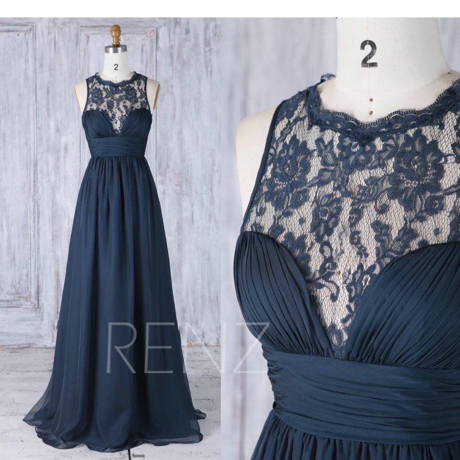 زفاف - 2017 Navy Chiffon Bridesmaid Dress, Ruched Sweetheart Wedding Dress, Scoop Lace Neck Prom Dress, A Line Evening Gown Full Length (J229)