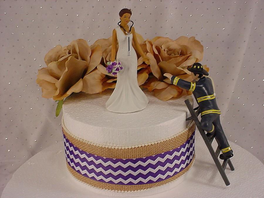 زفاف - Ethnic Woodland Bride with Nurse Hat and Stethoscope waiting for her Fireman groom wedding cake topper-Firefighter Purple and White Bouquet