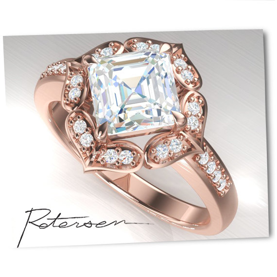 زفاف - Halo Princess Cut Engagement Ring with Halo Ring in Rose Gold - Vintage inspired