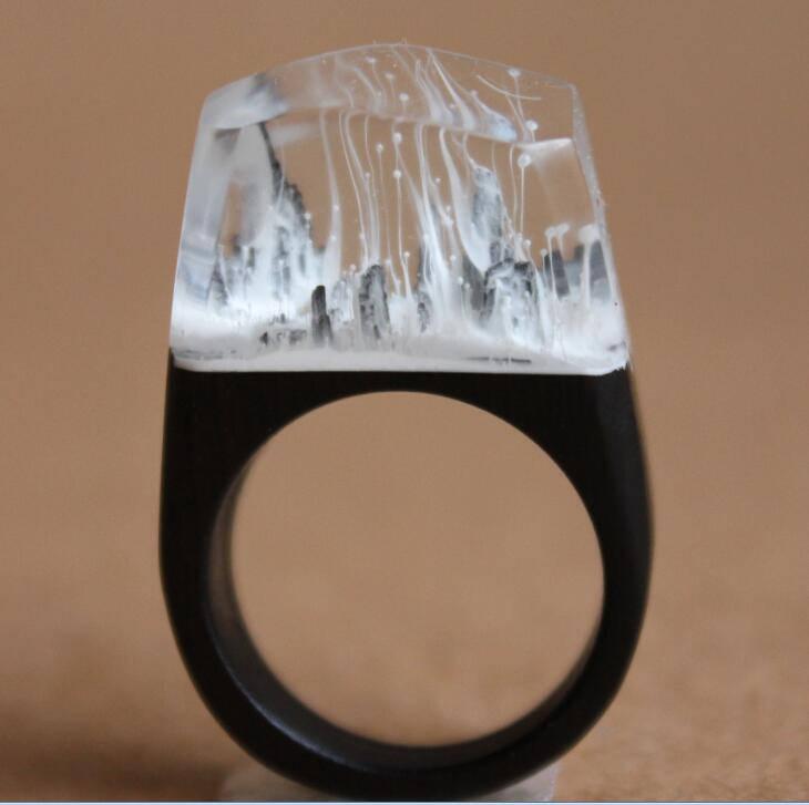 Wedding - Snowy Mountain Resin Ring Wood, Wood Resin Rings Customized, Handmade Resin Wood Rings R1701003