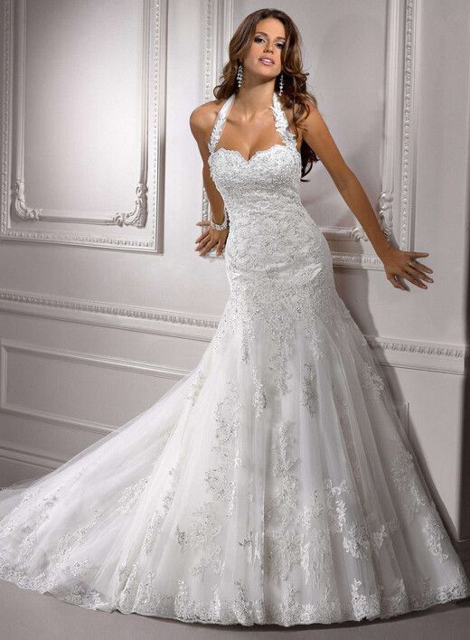 Wedding - Mermaid Long Lace Wedding Dress Beaded Halter