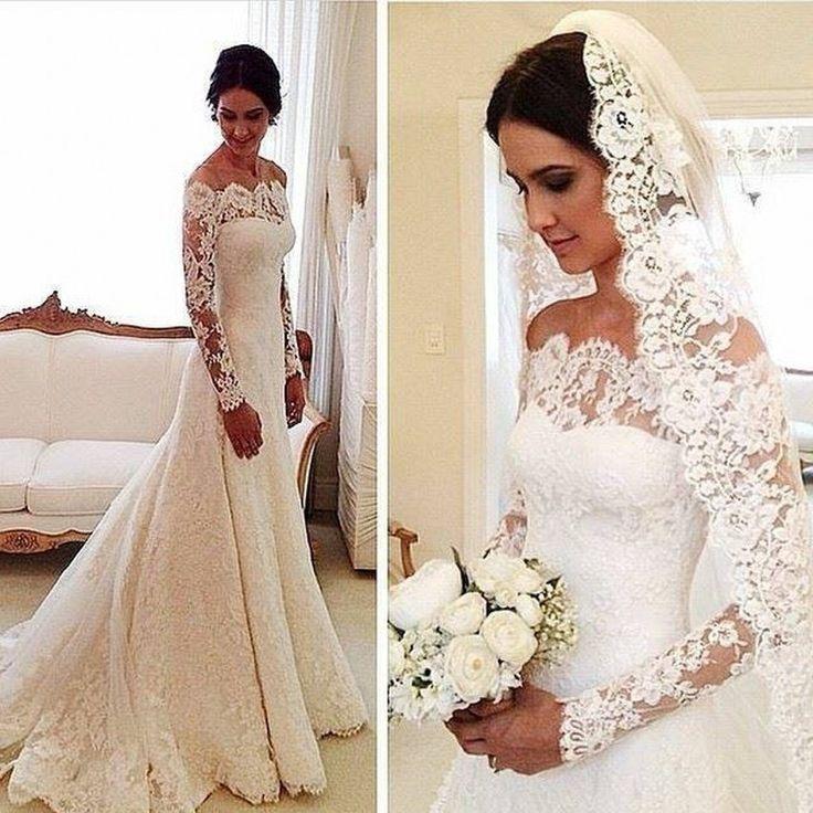 Mariage - Long Sleeve Lace Wedding Dress Elegant Off The Shoulder A-Line Sweep Train