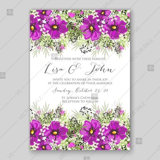 Wedding - Wedding invitation with floral wreath of poppy and anemone