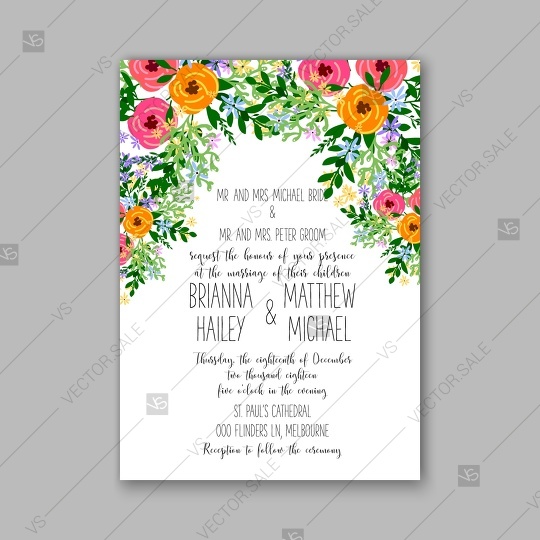 زفاف - Rose rustic wedding invitation or card with tropical floral background