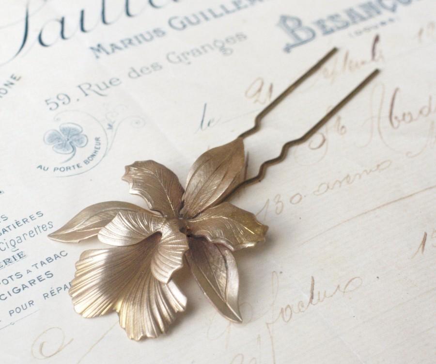 Mariage - Iris hair comb bridal hair fork brass flower pick floral elegant vintage style wedding hair accessory art nouveau 1920's antique