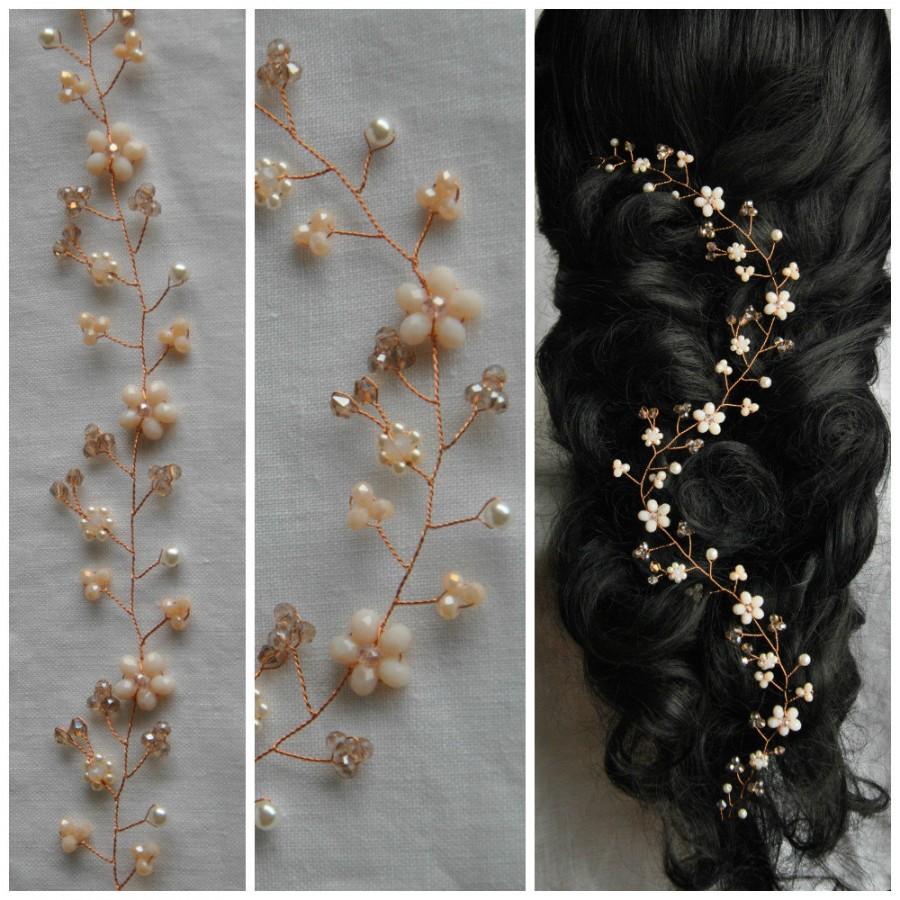 Hochzeit - Bridal hair vine Rose Gold Wedding crown Crystal Headpiece Extra long hair piece Bohemian wreath Babys breath Ornament Halo Pearl Headband
