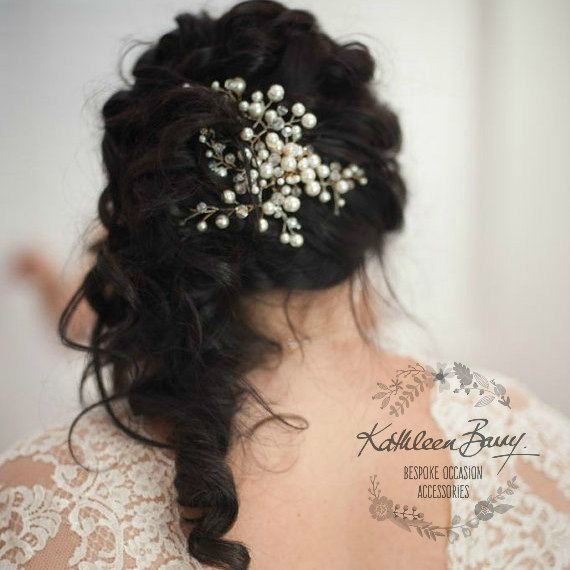 Hochzeit - Bridal Pearl Crystal Spray Hair piece - Crystal & Pearl pin wedding hair accessory clip STYLE: Nicole