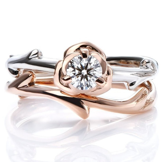 زفاف - 14k Gold Flower Rings Set. Engagement and wedding rings set.Flower ring. Bridal rings set.Engagement Ring.Wedding Ring