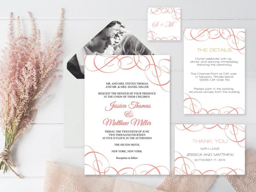 Mariage - Wedding Invitation Suite Templates, Coral Swrils Wedding Invitation Kits, Printable Wedding Invitation, DIY Suite Templates, DIY You Print - $20.00 USD
