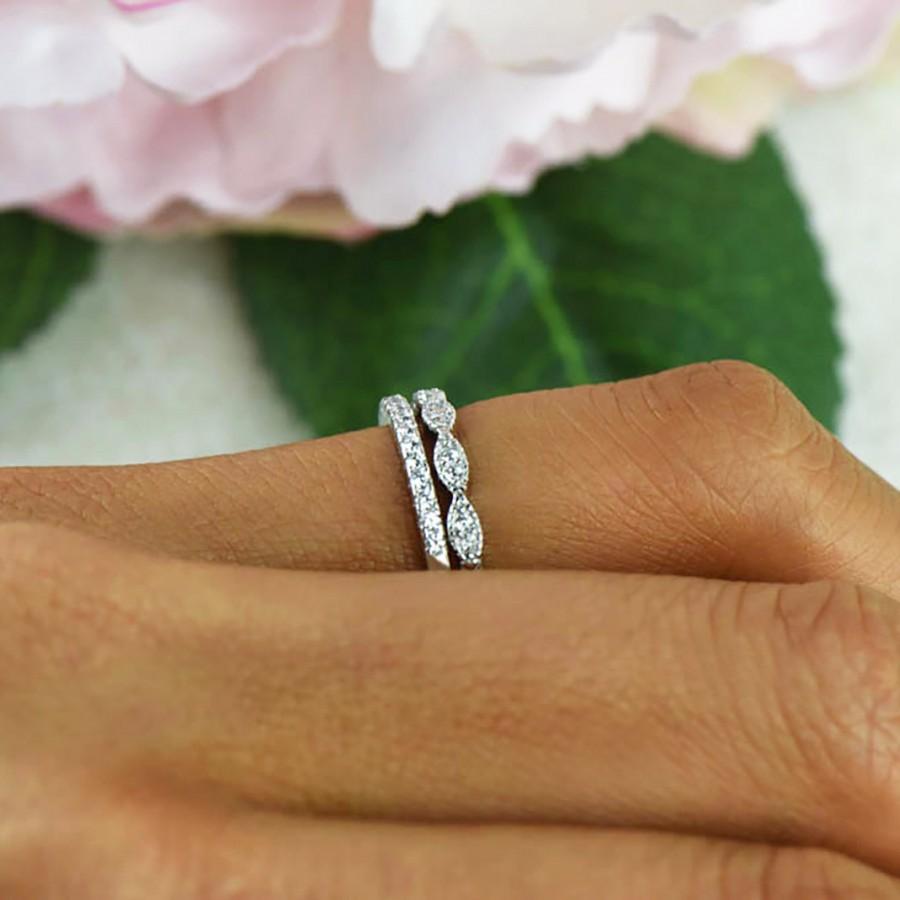 Hochzeit - Art Deco Wedding Band and Half Eternity Band, Thin Stacking Ring Set, Small Engagement Ring, Man Made Diamond Simulants, Sterling Silver
