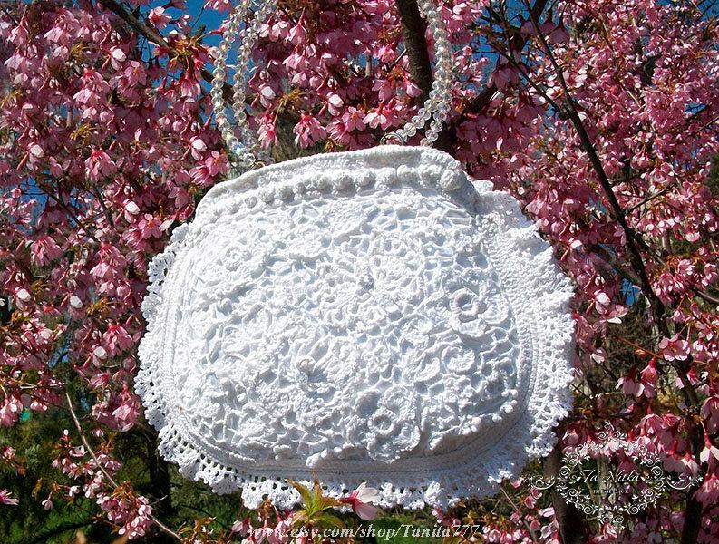 زفاف - Lace Guipure Handbag with Beads Swarovski. Bag Irish Crochet. Elegant ,Bridal, Wedding, Luxury. White Summer Accessories