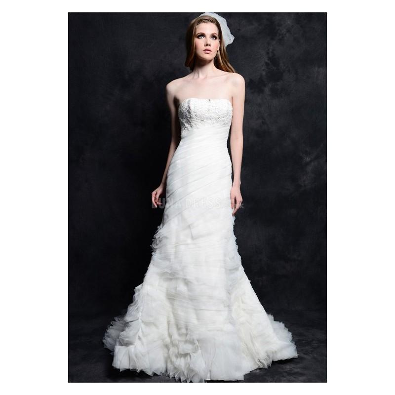 زفاف - Delicate Floor Length A line Strapless Tulle Bridal Gowns With Pleats - Compelling Wedding Dresses