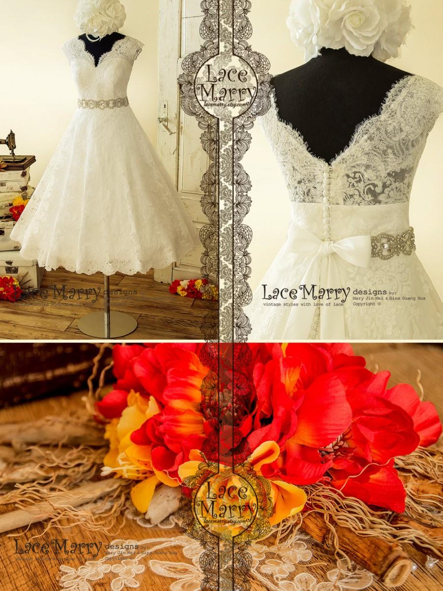 Wedding - Tea Length Wedding Dress from Alencon Scalloped Lace with Illusion V Neckline and V Cut Back in Wide A Line Shape 